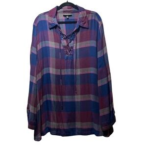 Lane Bryant Plaid Flannel Shirt Lace Up Long Sleeve Top Plus Size 26/28 Roll Tab